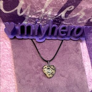 Dalmatian Polished Stone Crystal Heart Pendant with Faux Leather Necklace